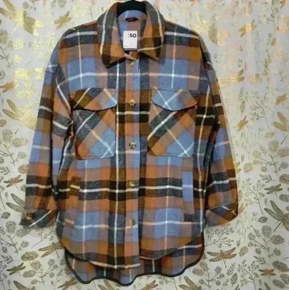SO Goods For Life Women's Jacket Coat Button Up Cozy Warm Plaid Brown Blue Small - Picture 1 of 14